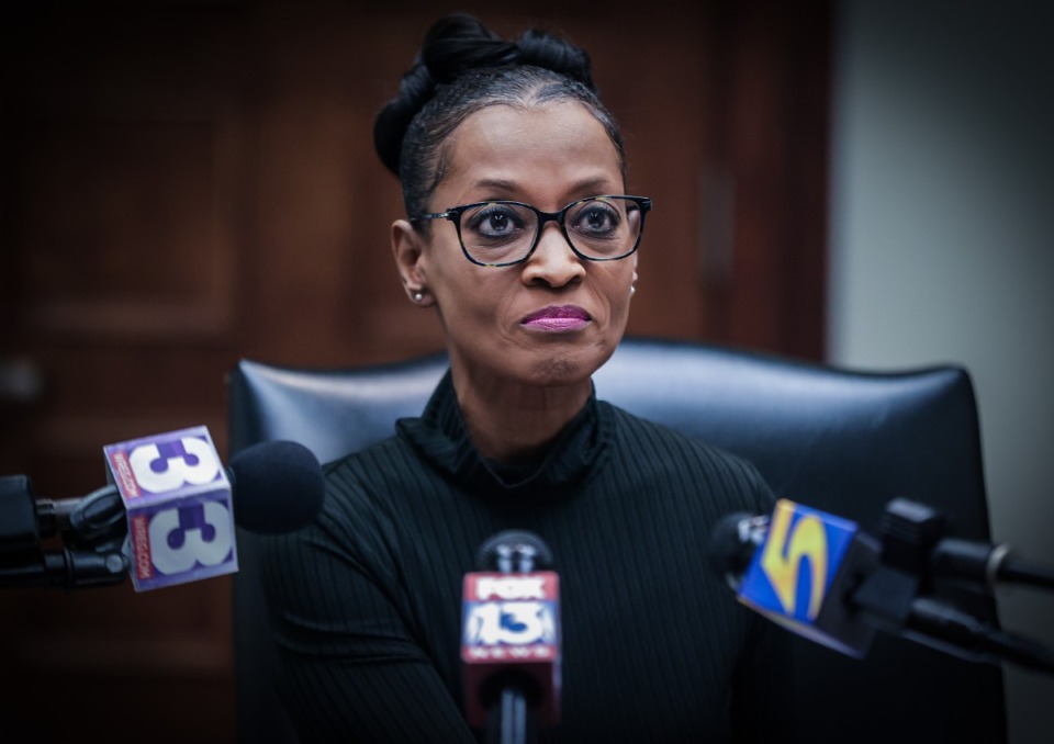 <strong>Shelby County Clerk Wanda Halbert takes questions from reporters during a Nov. 9, 2023 press conference in her Downtown office.</strong> (Patrick Lantrip/The Daily Memphian)