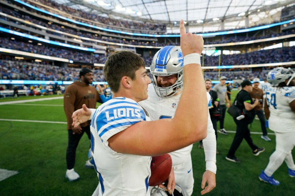 <strong>Detroit Lions place kicker Riley Patterson (36) celebrates after making the game-winning field goal during an NFL football game against the Los Angeles Chargers Sunday, Nov. 12, 2023, in Inglewood, Calif.</strong> (Ashley Landis/AP)