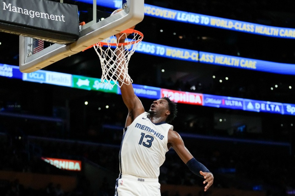 <strong>Memphis Grizzlies forward Jaren Jackson Jr. (13) dunks against the Los Angeles Lakers in Los Angeles, Tuesday, Nov. 14, 2023.</strong> (Ashley Landis/AP)