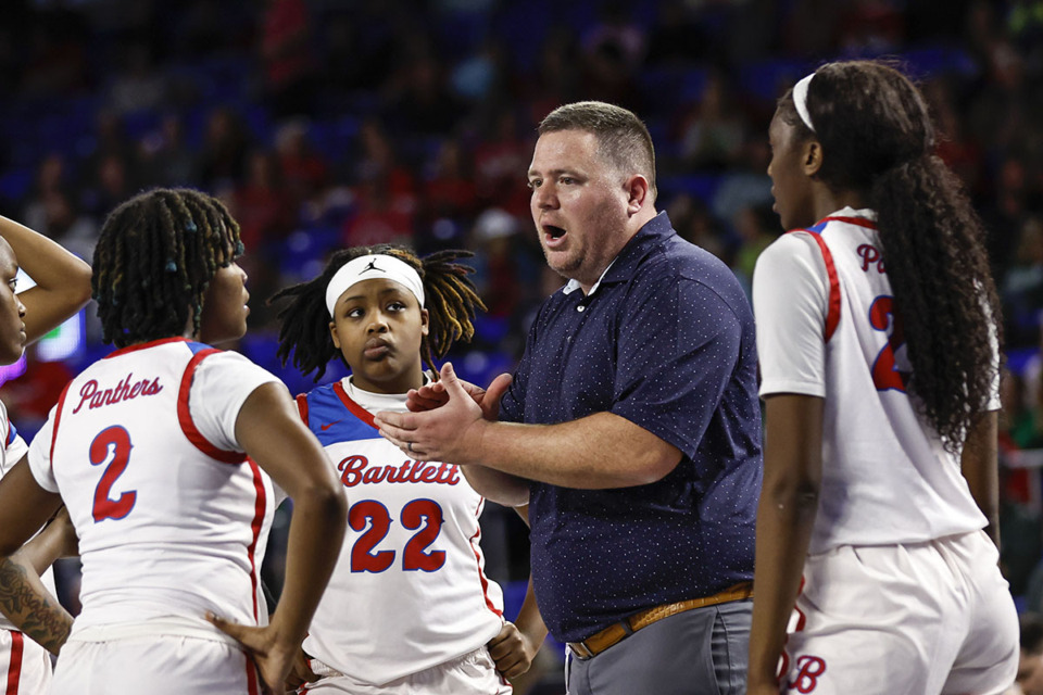 <strong>Barlett head coach Wesley Shappley talks with his players during a timeout in a TSSAA Class 4A girls&rsquo; basketball tournament game against Green Hill, Friday, March 10, in Murfreesboro.&nbsp;Shappley is one of Lynn Whitfield&rsquo;s former students.&nbsp;</strong> (Wade Payne/Special to The Daily Memphian file)
