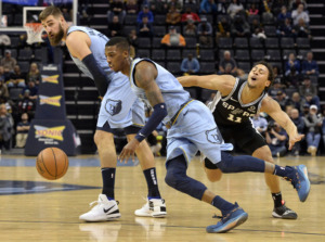<span><strong>Memphis Grizzlies guard Delon Wright (2) drives around San Antonio Spurs guard Bryn Forbes (11) with help from Grizzlies center Jonas Valanciunas during the first half of an NBA basketball game Tuesday, Feb. 12, 2019, in Memphis, Tenn.</strong> (AP Photo/Brandon Dill)</span>