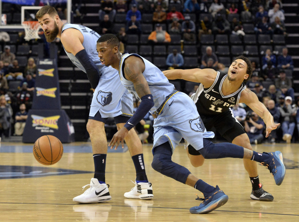 <span><strong>Memphis Grizzlies guard Delon Wright (2) drives around San Antonio Spurs guard Bryn Forbes (11) with help from Grizzlies center Jonas Valanciunas during the first half of an NBA basketball game Tuesday, Feb. 12, 2019, in Memphis, Tenn.</strong> (AP Photo/Brandon Dill)</span>