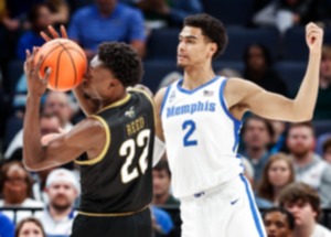 <strong>Memphis Tigers&rsquo; Nicholas Jourdain (right) battles Alabama State forward Darrell Reed (right) for a rebound on Friday, Nov. 17, 2023.</strong> (Mark Weber/The Daily Memphian)