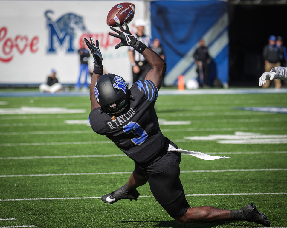 <strong>University of Memphis receiver Roc Taylor, 3, tries to haul in a pass during a Nov. 18 game against SMU.</strong> (Patrick Lantrip/The Daily Memphian)