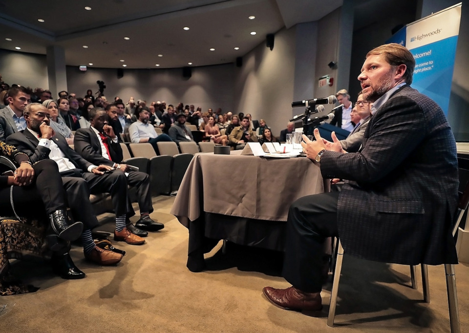 <strong>Carson Claybrook with Cushman &amp; Wakefield/Commercial Advisors talks about retail trends during a Q&amp;A session at Daily Memphian&rsquo;s Commercial Real Estate Review &amp; Forecast in 2019 at the Brooks Museum of Art.</strong> (Jim Weber/The Daily Memphian file)