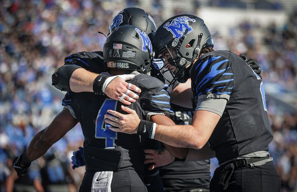 <strong>University of Memphis players celebrate a touchdown during a Nov. 18 game against SMU.</strong> (Patrick Lantrip/The Daily Memphian)