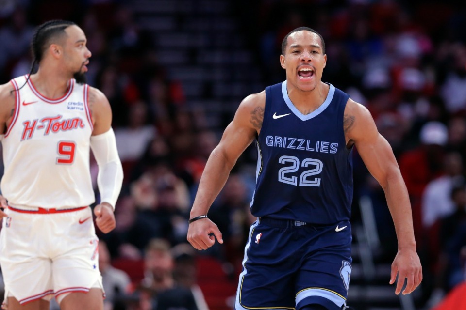 <strong>Memphis Grizzlies guard Desmond Bane (22) reacts after scoring next to Houston Rockets forward (and former Grizzly) Dillon Brooks (9) on Nov. 22, 2023, in Houston.</strong> (Michael Wyke/AP)
