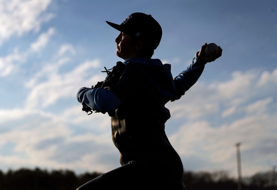 <strong>Ben Ikerd with Lakeland Middle Preparatory School practices his pitching during a Feb. 24, 2021 practice.</strong> (Patrick Lantrip/Daily Memphian file)