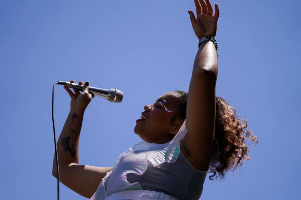 <strong>A.J. Haynes, lead singer for The Seratones, performs with the band at the New Orleans Jazz &amp; Heritage Festival in New Orleans, Friday, April 28, 2023.</strong> (AP Photo/Gerald Herbert)