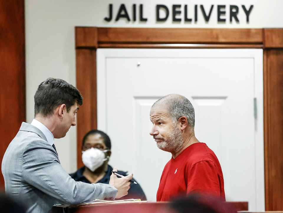 <strong>Eric Otten (right) speaks with his lawyer Blake Ballin during a court appearance on Tuesday, Sept. 26, in Collierville.</strong> (Mark Weber/The Daily Memphian file)