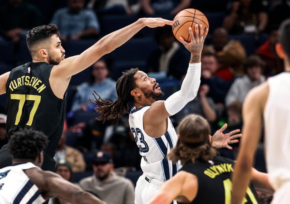 <strong>Memphis Grizzlies guard Derrick Rose drives to the basket against Utah&rsquo;s Omer Yurtseven (left) on Wednesday, Nov. 29, 2023.</strong> (Mark Weber/The Daily Memphian)