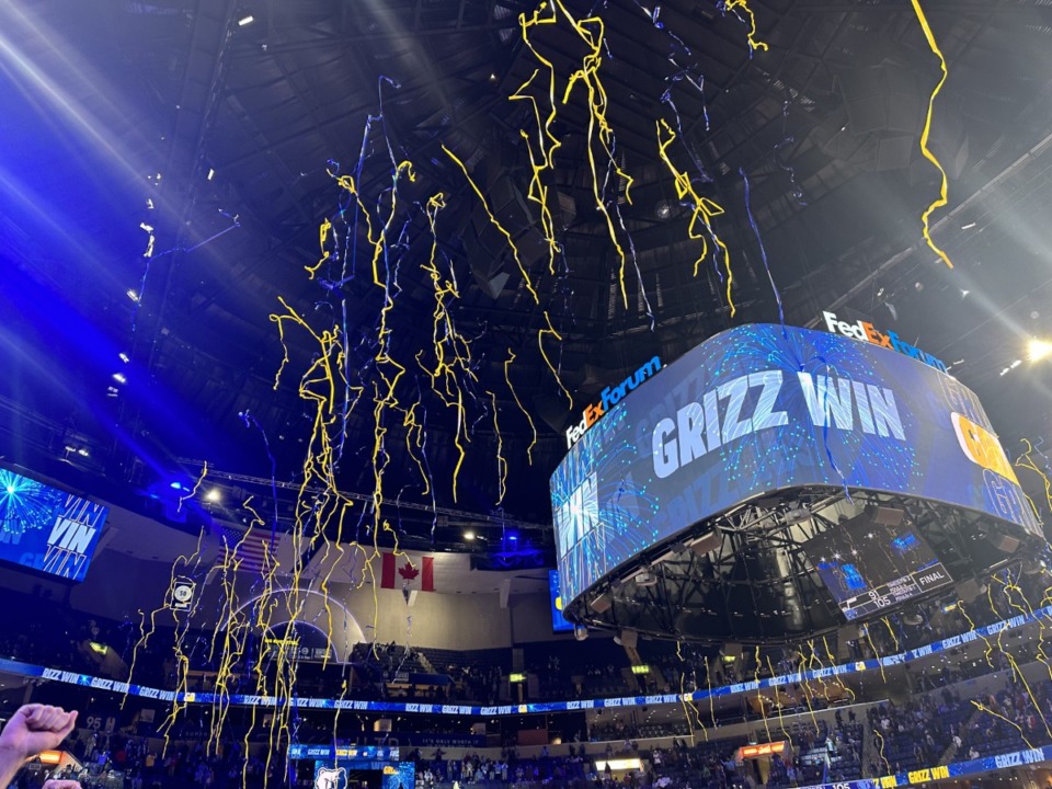 <strong>Streamers fell for the first time this season at FedExForum on Wednesday, Nov. 29, after the Memphis Grizzlies beat the Utah Jazz. Last season, those victory streamers fell from the rafters after 35 home games.</strong> (Geoff Calkins/The Daily Memphian)
