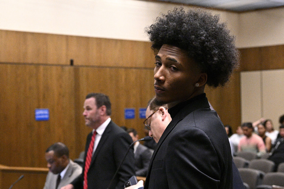 <strong>Mikey Williams looks on in court Friday, Oct. 27, 2023, in El Cajon, Calif. Star Memphis basketball recruit Mikey Williams is in Superior Court for arraignment on nine felony charges stemming from a March 27 shooting at his $1.2 million home.</strong> (Orlando Ramirez/AP)