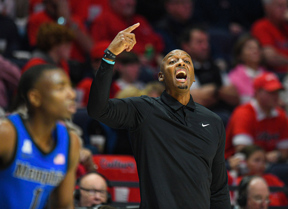 <strong>Memphis Tigers head coach Penny Hardaway yells to the team against Ole Miss Rebels at the Sandy and John Black Pavilion at Ole Miss on Saturday, Dec. 2, 2023. Ole Miss won 80-77.</strong> (Bruce Newman/Special to The Daily Memphian)