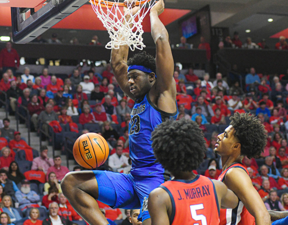 <strong>Memphis Tigers forward Malcolm Dandridge (23) dunks during the Ole Miss game at the Sandy and John Black Pavilion at Ole Miss on Saturday, Dec. 2, 2023.</strong> (Bruce Newman/Special to The Daily Memphian)