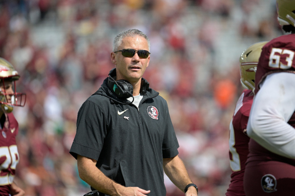 <strong>Florida State head coach Mike Norvell walks back to the sideline during the second half of an NCAA college football game against Syracuse, Saturday, Oct. 14, in Tallahassee, Fla.</strong> (Phelan M. Ebenhack/AP Photo file)