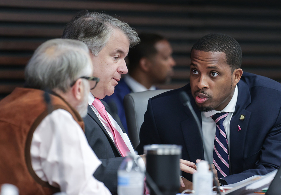 <strong>Memphis City Council members JB Smiley Jr., Frank Colvett and Jeff Warren talk during a committee meeting Oct. 24</strong>. (Patrick Lantrip/The Daily Memphian file)