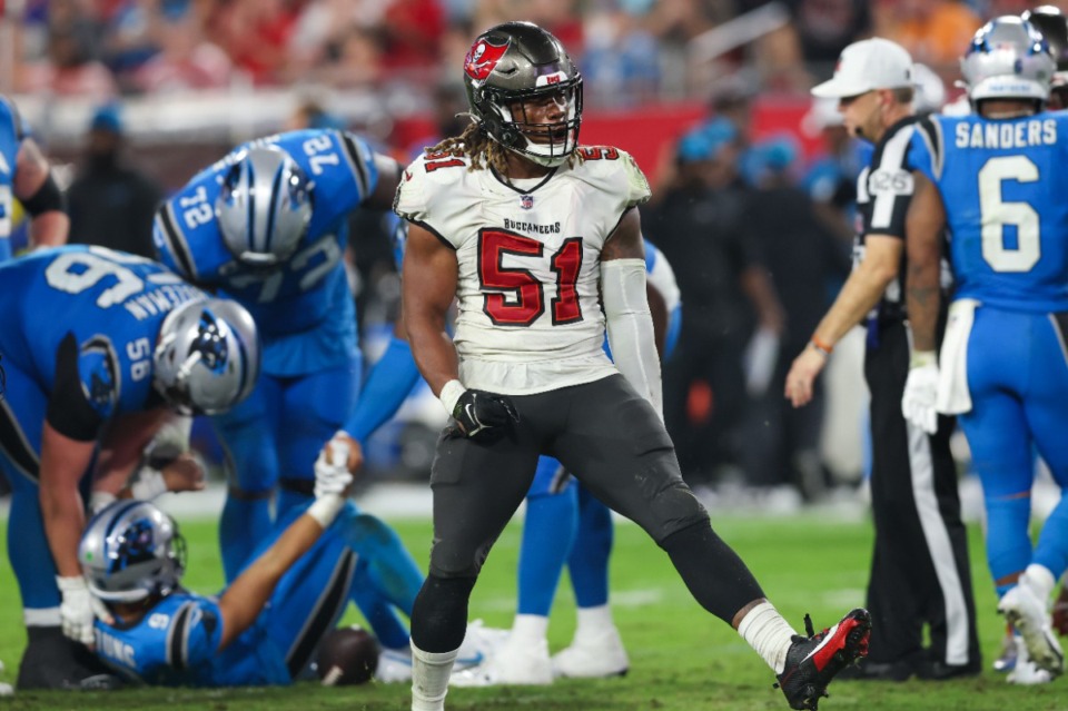 <strong>Tampa Bay Buccaneers linebacker J.J. Russell celebrates after sacking Carolina Panthers quarterback Bryce Young during the second half of an NFL football game Sunday, Dec. 3, 2023, in Tampa, Fla.</strong> (AP Photo/Mark LoMoglio)