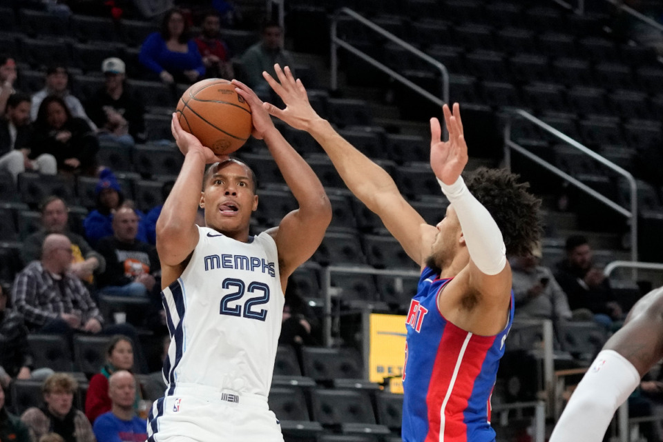<strong>Memphis Grizzlies guard Desmond Bane (22) scored a career-high 49 points Wednesday against the Detroit Pistons.</strong> (AP Photo/Carlos Osorio)