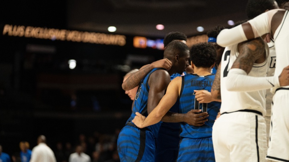<strong>Tigers huddle during the Wednesday, Dec. 6 game at Stuart C. Siegel Center in Richmond, Va. The University of Memphis defeated Virginia Commonwealth University in overtime.</strong> (Courtesy Memphis Athletics)