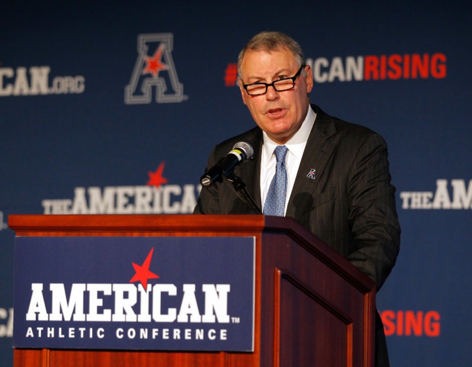 <strong>Mike Aresco is retiring as commissioner of the American Athletic Conference at the end of the current academic year on May 31, 2024.</strong> (AP Photo/Stew Milne, File)