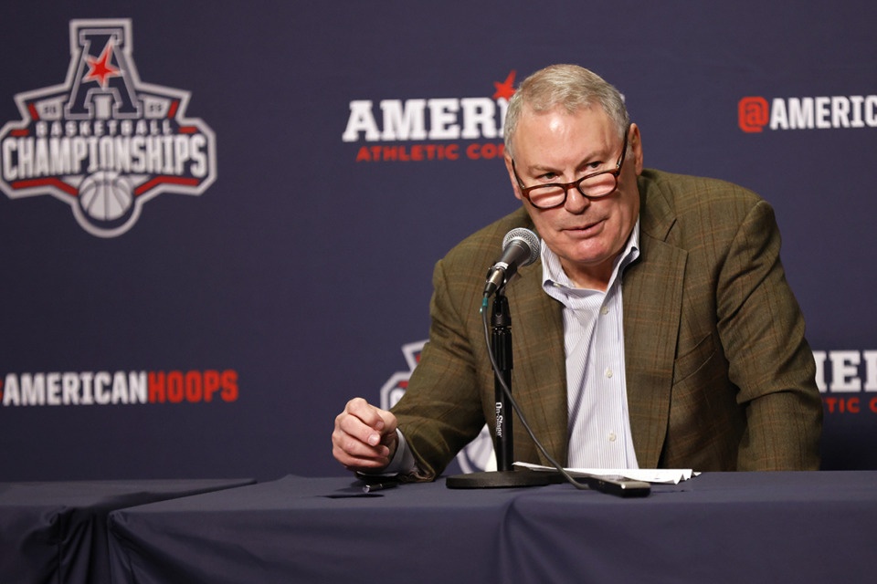 <strong>American Athletic Conference Commissioner Mike Aresco is retiring at the end of the current academic year on May 31, 2024.</strong> (Ron Jenkins/AP Photo file)