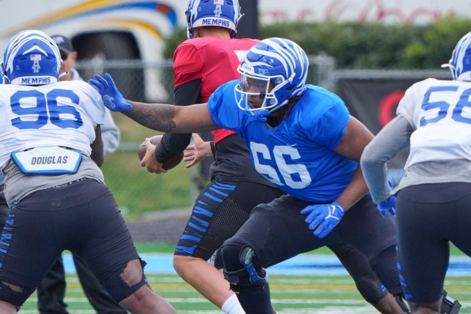 <strong>Makylan Pounders (in a file photo) blocks during the Memphis Tigers spring scrimmage at Centennial High School on April 2, 2022 in Franklin, Tenn.</strong> (Harrison McClary/Special to The Daily Memphian)