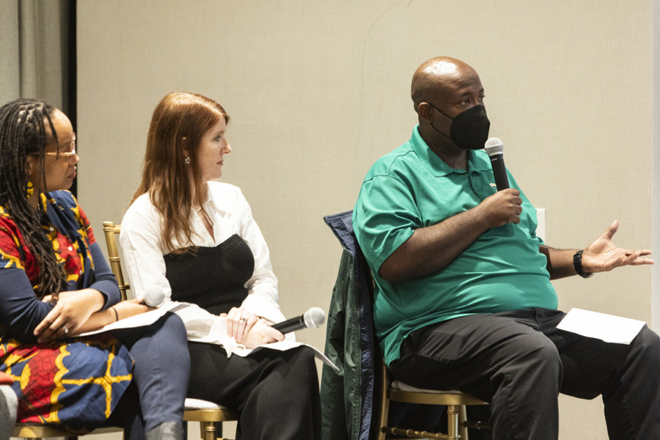 <strong>Delvin Lane, executive director of 901 Bloc Squad, speaks during the "Celebrate What's Right: Bridge Over Troubled Water" panel discussion hosted by New Memphis at Memphis Botanic Garden.</strong> (Brad Vest/Special to The Daily Memphian)
