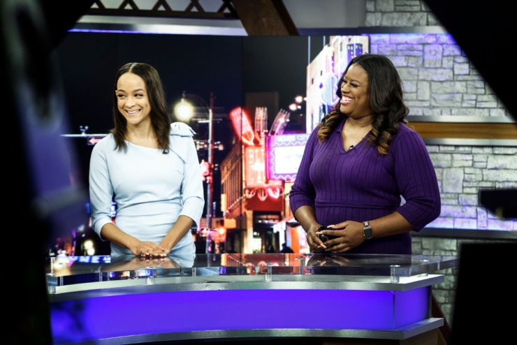 Danielle Moss, right, the new chief meteorologist at ABC-24 does a run-through of the local weather alongside Pepper Baker. Denisha Thomas, news director at ABC24/CW30, said,&nbsp;&ldquo;She brought an energy that was charismatic.&rdquo;&nbsp;(Mark Weber/The Daily Memphian)