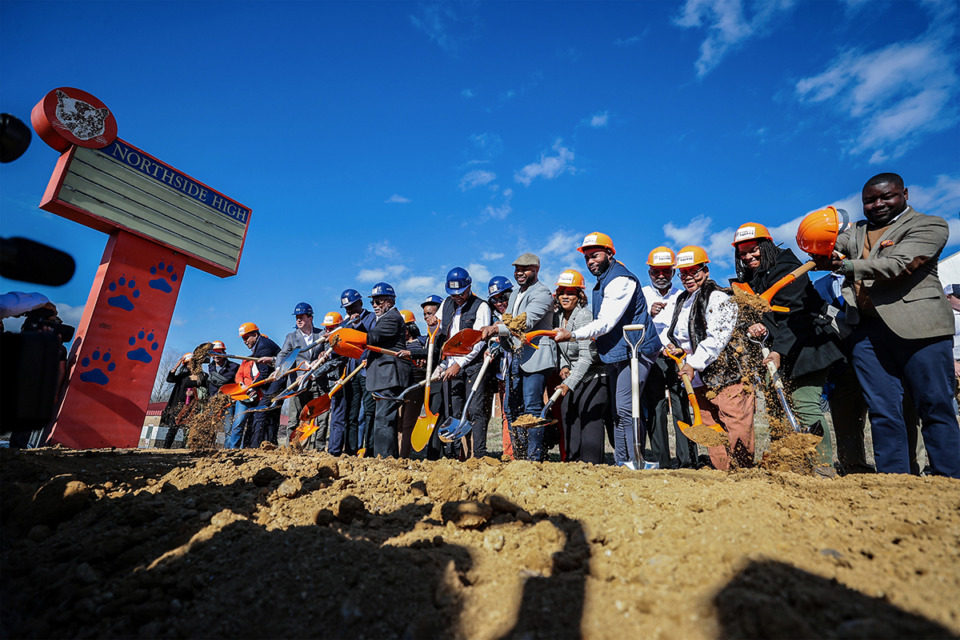 <strong>Civic and community leaders break ground Dec. 8 on Northside Square, a new mixed-use development that aims to revitalize the community surrounding the former site of Northside High School.</strong> (Patrick Lantrip/The Daily Memphian)