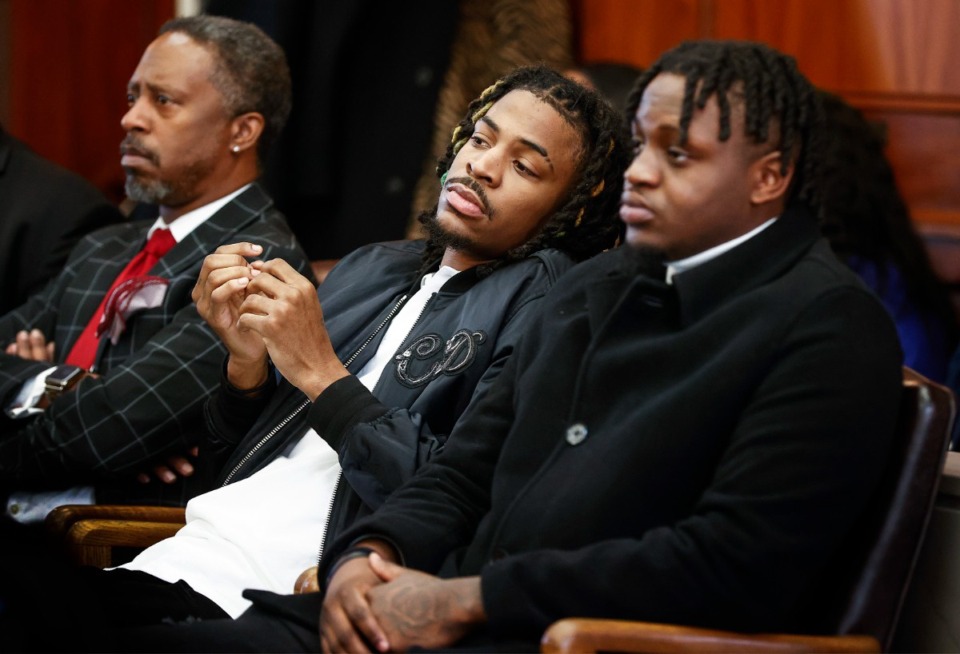 <strong>Memphis Grizzlies player Ja Morant (middle) and friend Davonte Pack (right) appear in Judge Carol Chumney&rsquo;s civil court on Monday, Dec. 11, 2023 in Memphis, Tenn. The hearing is to determine whether Morant used self defense during a fight last summer at his home.</strong> (Mark Weber/The Daily Memphian)