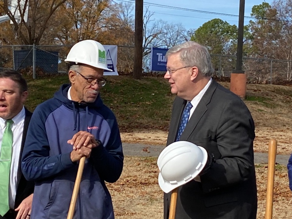 <strong>Recently retired Lester Community Center director Walter Casey Sr. joins Memphis Mayor Jim Strickland for the Tuesday, Dec. 12, groundbreaking for the new Lester Community Center to open in 2025.</strong> (Bill Dries/The Daily Memphian)