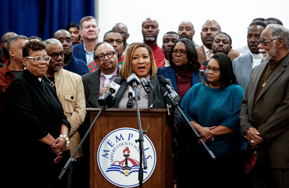 <strong>Memphis Shelby County School&rsquo;s interim superintendent Toni Williams, middle, spoke during a press conference Dec. 13. </strong>(Mark Weber/The Daily Memphian)