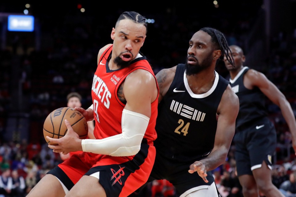 <strong>Memphis Grizzlies guard Jaylen Nowell (24), right, guards Houston Rockets forward (and former Grizzly) Dillon Brooks Wednesday, Dec. 13, 2023, in Houston.</strong> (Michael Wyke/AP)