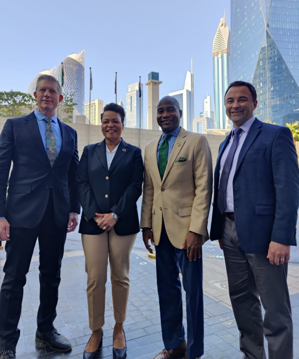 <strong>From left to right, Mayors Mitch Reynolds of LaCrosse, Wisconsin; LaToya Cantrell of New Orleans; Errick Simmons of Greenville, Mississippi; and Brad Cavanagh of Dubuque, Iowa attended the 2023 United Nations Climate Change Conference in Dubai.</strong> (Courtesy Colin Wellenkamp)