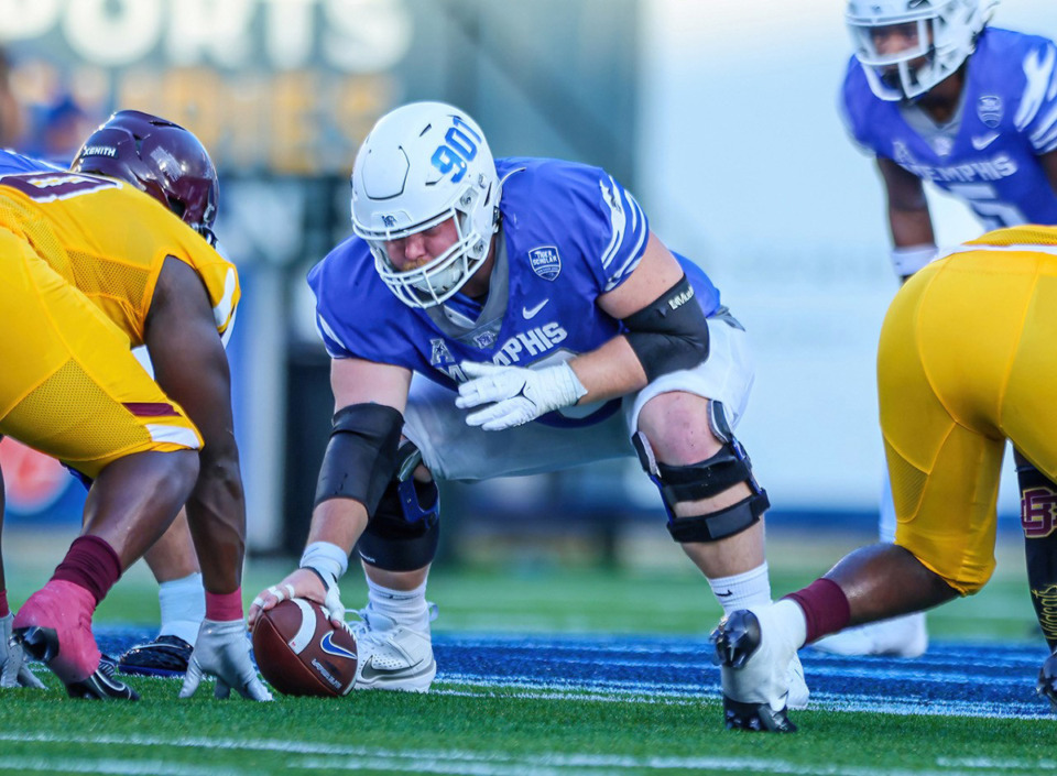 <strong>University of Memphis center Jacob Likes (70), who played his high school football at CBHS, has been the heart and soul of the Memphis offensive line for multiple seasons.</strong> (Wes Hale/Special to The Daily Memphian)