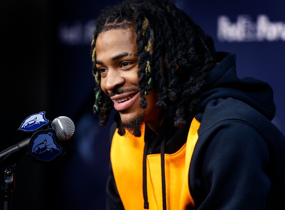 <strong>Memphis Grizzlies guard Ja Morant speaks to the media on Friday, Dec. 15 at FedExForum.</strong> (Mark Weber/The Daily Memphian)