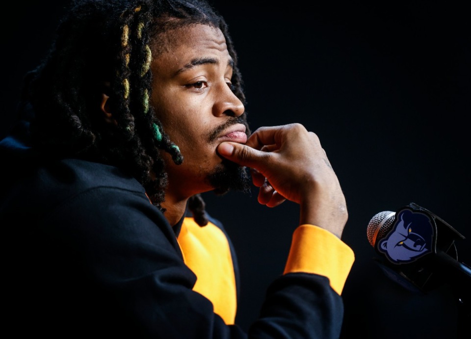 <strong>Memphis Grizzlies guard Ja Morant speaks to the media on Friday, Dec. 15, 2023.</strong> (Mark Weber/The Daily Memphian)