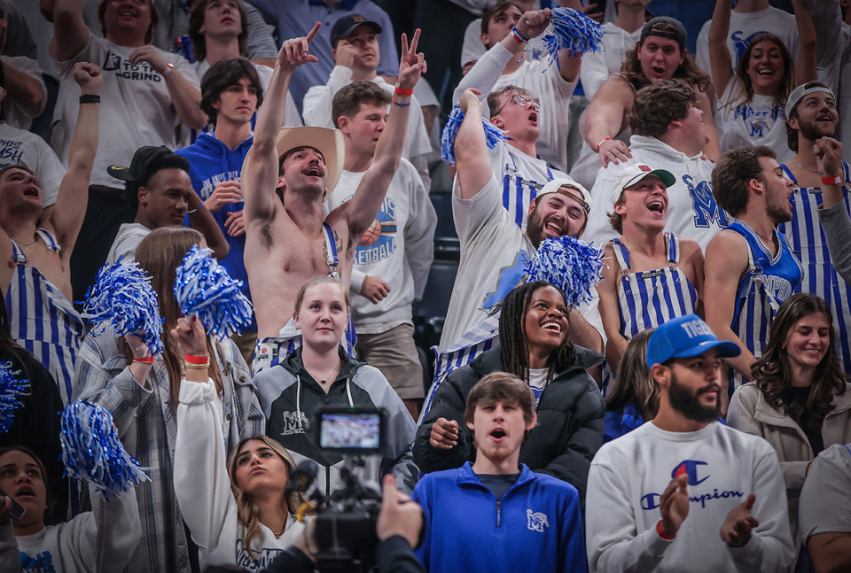 <strong>The University of Memphis student section celebrates a big play during the Dec. 16, 2023 game against Clemson.</strong> (Patrick Lantrip/The Daily Memphian)