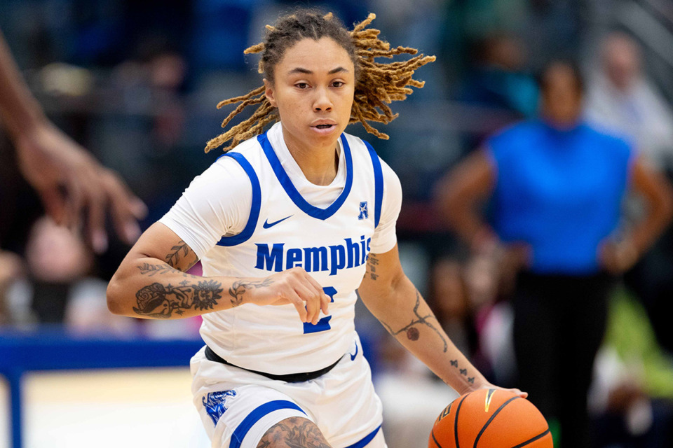 <strong>Memphis Tigers' Madison Griggs drives to the basket during the game against Mississippi State at the Elma Roane Fieldhouse in Memphis on Sunday, Dec. 17.&nbsp;Griggs shot 43% from deep on her way to making a season-high six 3-pointers.</strong> (Ryan Beatty/Special to The Daily Memphian)