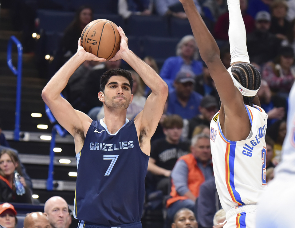 <strong>Memphis Grizzzles forward Santi Aldama, left, looks to pass the ball around Oklahoma City Thunder guard Shai Gilgeous-Alexander, right, in the second half of an NBA basketball game, Monday, Dec. 18, 2023, in Oklahoma City.</strong> (Kyle Phillips/AP Photo)