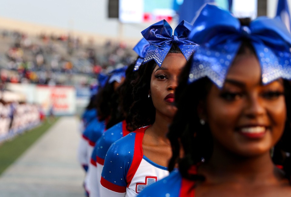 <strong>Tennessee State cheerleaders line up for the National Anthem before the kickoff of the Southern Heritage Classic in Memphis in 2021.</strong> (Patrick Lantrip/The Daily Memphian file)