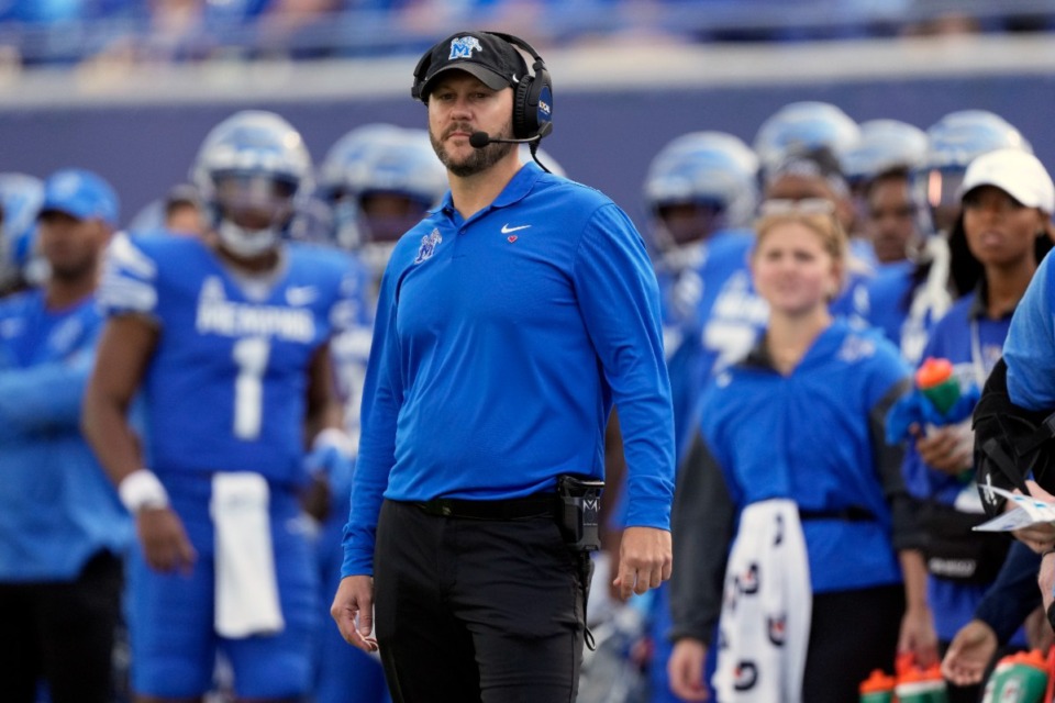 <strong>Memphis head coach Ryan Silverfield watches from the sideline in the first half of an NCAA college football game between Memphis and Central Florida Saturday, Nov. 5, 2022, in Memphis, Tenn.</strong> (AP Photo/Mark Humphrey)
