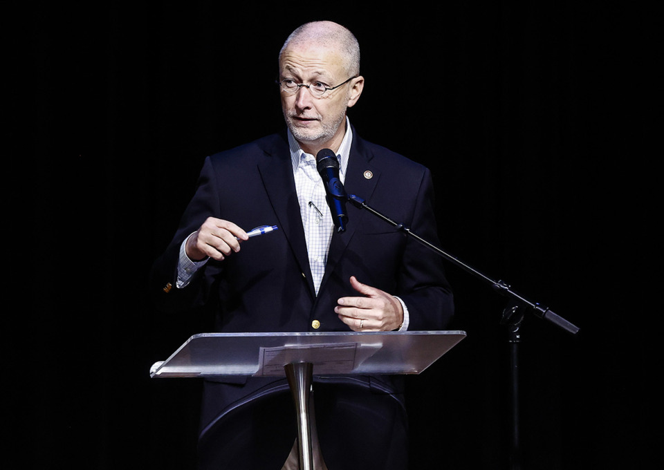 <strong>Senator Brent Taylor speaks during the Bartlett Area Chamber of Commerce's monthly luncheon on Tuesday, Sept. 19, 2023.</strong> (Mark Weber/The Daily Memphian)