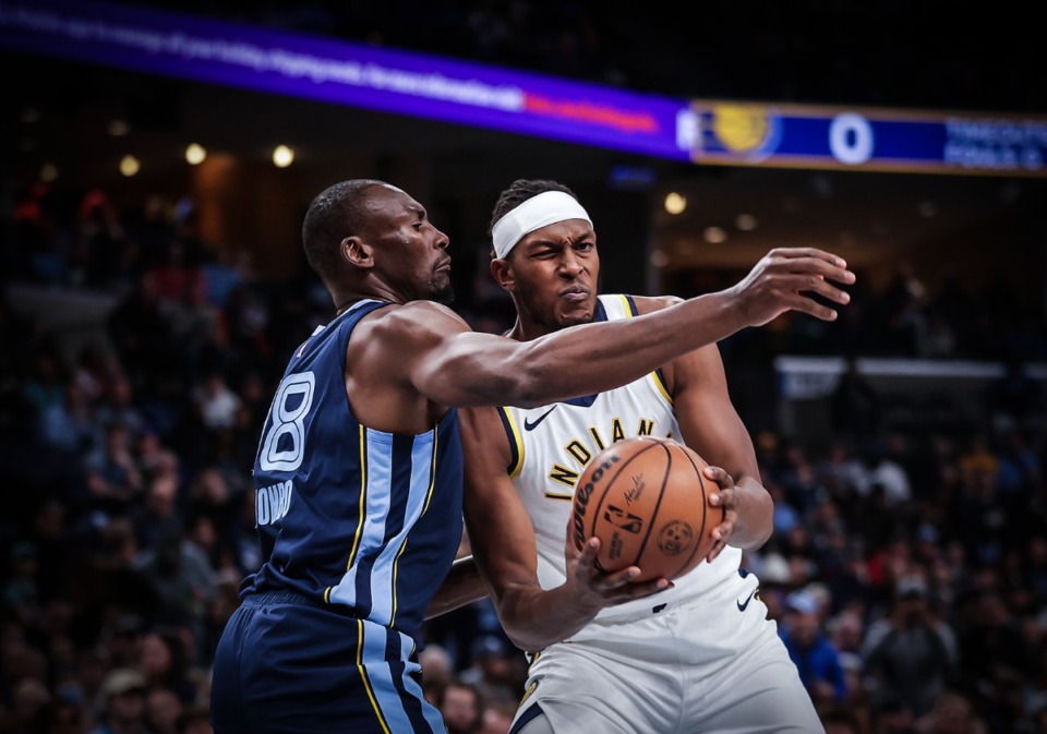 <strong>Memphis Grizzlies center Bismack Biyombo (18) defends the post during the Dec. 21, 2023, game against the Indiana Pacers.</strong> (Patrick Lantrip/The Daily Memphian)