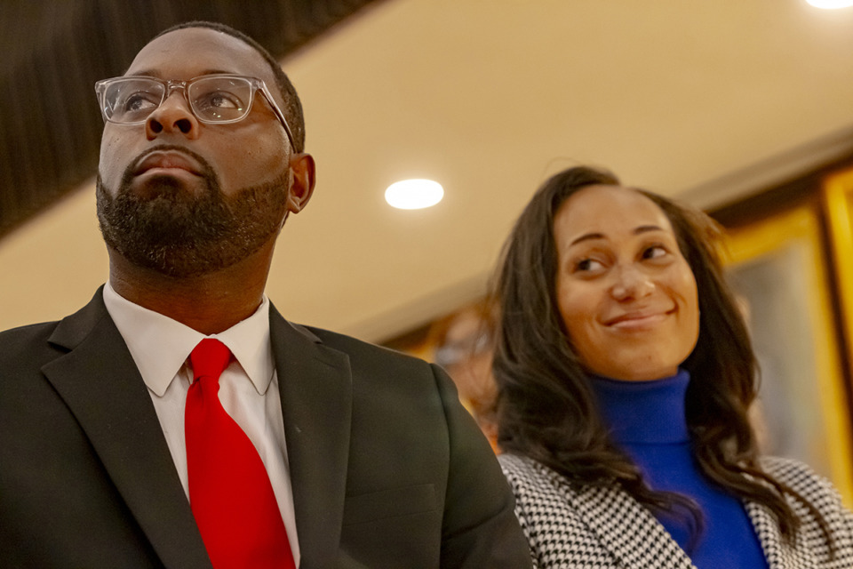 <strong>Mayor-elect Paul Young and Alex Smith, the city&rsquo;s former HR officer, attend the unveiling of Mayor Jim Strickland&rsquo;s portrait in the Hall of Mayors Dec. 15.</strong> (Ziggy Mack/Special to The Daily Memphian)