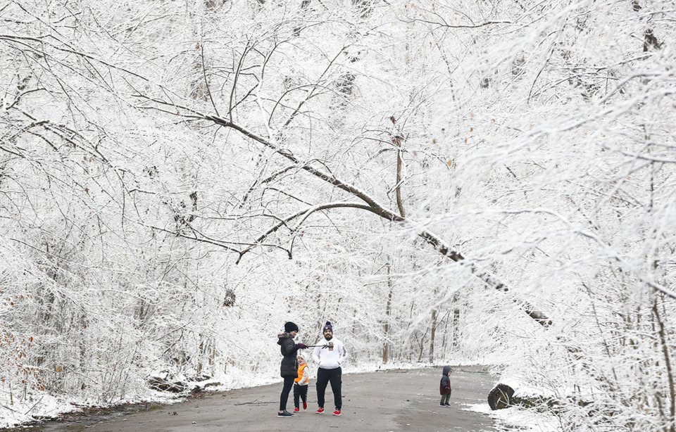 <strong>Forecasts of snow are looking unlikely for the last few days of December. A family takes a selfie under ice and snow covered trees in Overton Park on Sunday, Jan. 16, 2022.</strong> (Mark Weber/The Daily Memphian file)