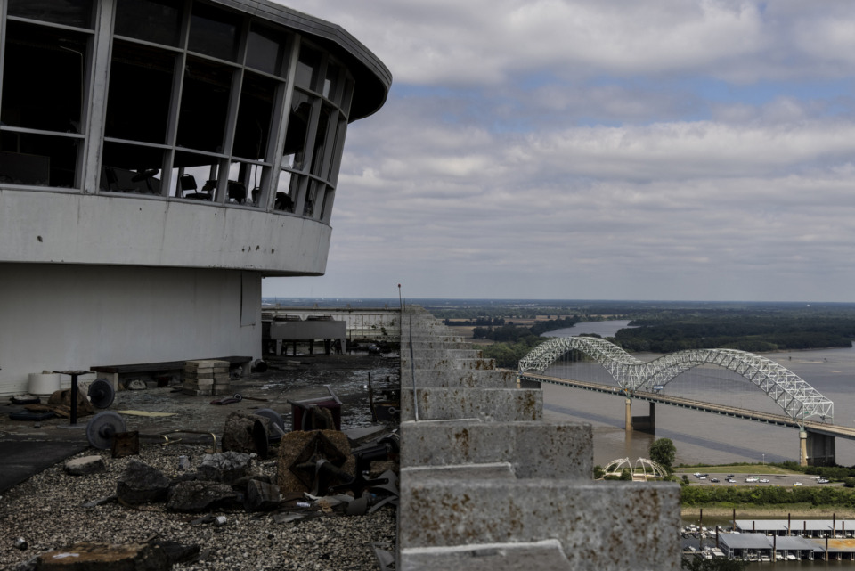 <strong>A view from what was the round, revolving rooftop restaurant atop the vacant 100 North Main Building on Sunday, May 30, 2021. Diners would complete one revolution every 90 minutes.</strong>&nbsp;(Brad Vest/Special to the Daily Memphian file)