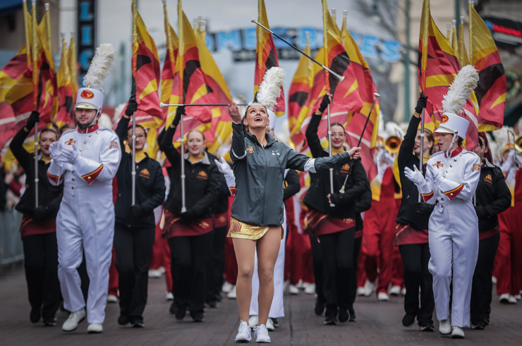 <strong>The Iowa State marching band leads the AutoZone Liberty Bowl parade down Beale Street Dec. 28, 2023.</strong> (Patrick Lantrip/The Daily Memphian)