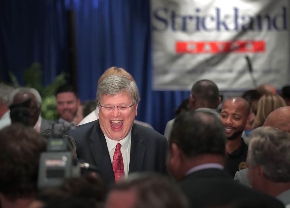 <strong>Memphis Mayor Jim Strickland celebrates with supporters during an election night party at the Memphis Botanic Gardens on Oct. 3, 2019 after decisively winning a second term.</strong> (Jim Weber/The Daily Memphian file)